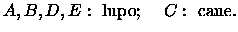 $A,B,D,E: \textrm { lupo; }\quad C: \textrm{ cane.}$