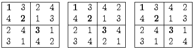 $\displaystyle \begin{tabular}{\vert cc\vert cc\vert}
\hline
{\bf 1}& 3& 2& 4\\ ...
... {\bf 2}& 1& 3\\
\hline
2& 4& {\bf 3}& 1\\
3& 1& 2& 4\\
\hline
\end{tabular}$