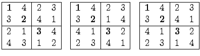 $\displaystyle \begin{tabular}{\vert cc\vert cc\vert}
\hline
{\bf 1}& 4& 2& 3\\ ...
... {\bf 2}& 4& 1\\
\hline
4& 1& {\bf 3}& 2\\
2& 3& 1& 4\\
\hline
\end{tabular}$