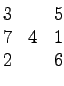 $\displaystyle \begin{matrix}
3 & & 5\\
7 & 4 & 1\\
2 & & 6
\end{matrix}$
